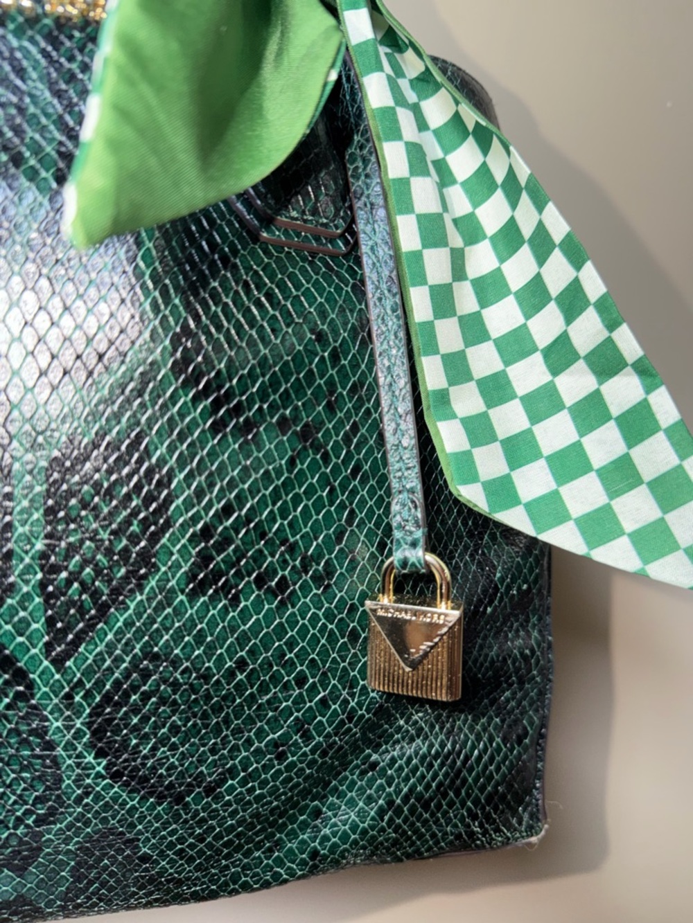 EUC Michael Kors Green Snake-Embossed Leather Tote with Green Scarf Accent - Picture 4 of 16